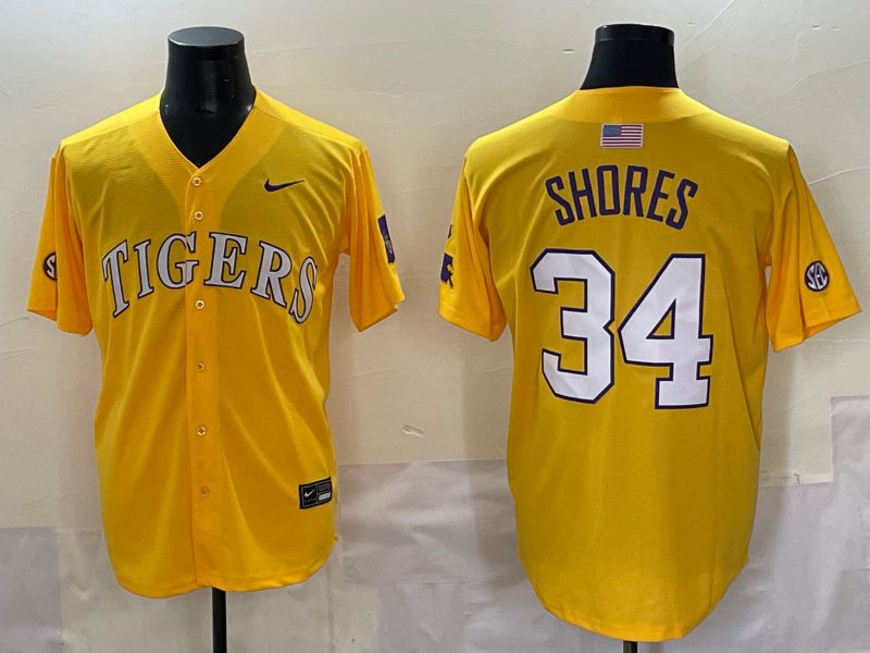 Men 2025 LSU Tigers #34 Shores Yellow Nike Joint Name Nike NCAA Jersey style 1